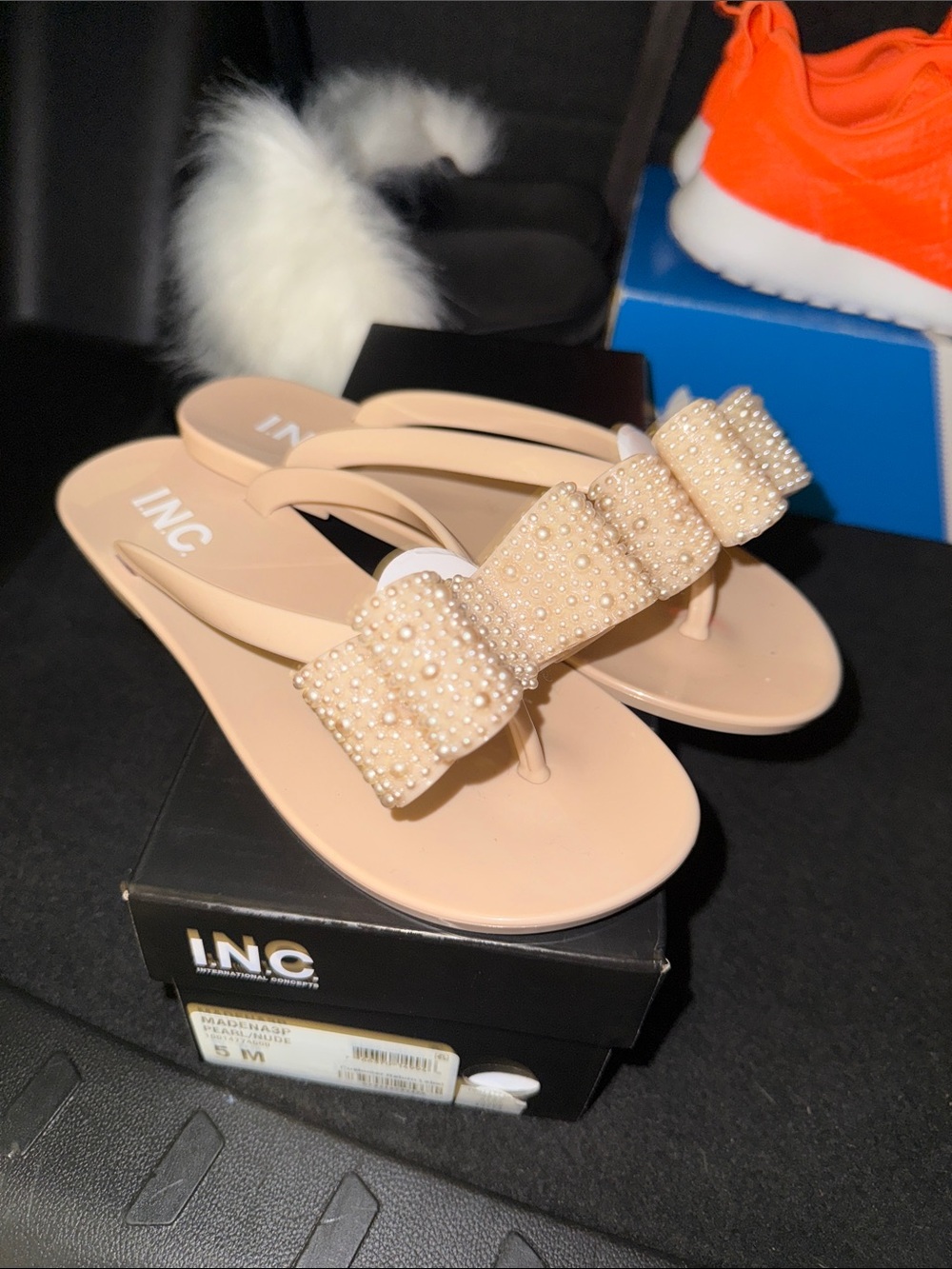 INC International Concepts Blush Pearl Bow Thong Sandals